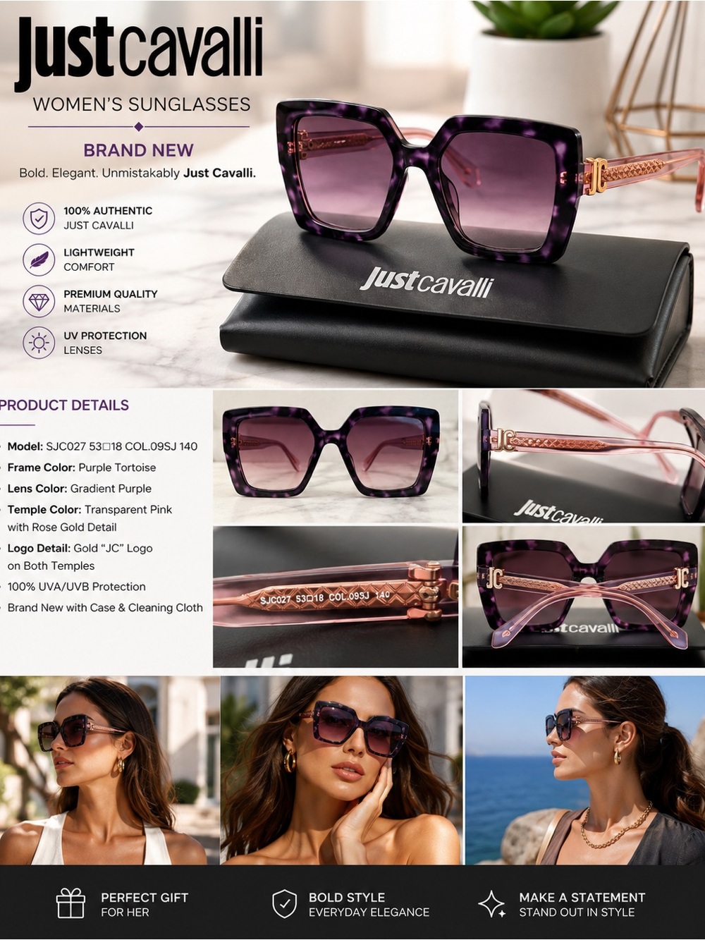 Just Cavalli Purple Tortoise Frame Sunglasses with Pink Temples